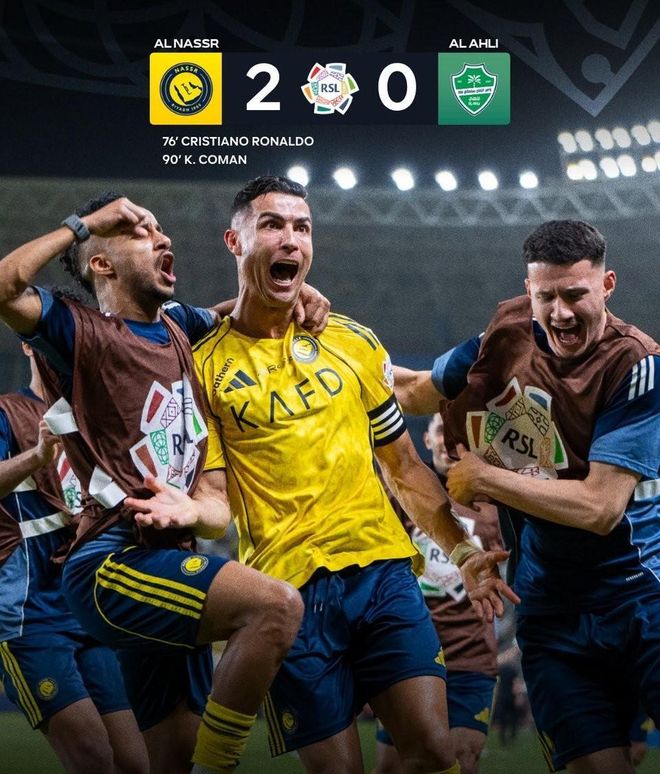 C罗头槌破门独造两球，助球队2-0力克亚冠冠军，联赛豪取16连胜领跑积分榜，个人职业生涯总进球数突破970大关